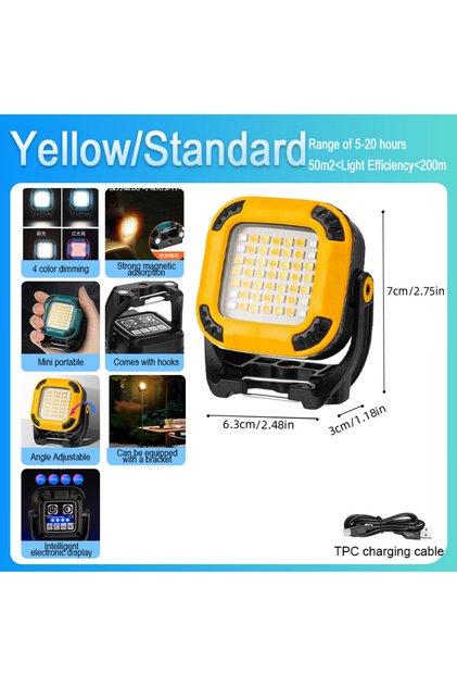 Yellow Portable COB LED Spotlight Lantern Strong Light Flashlight Outdoor Camping Fishing Emergency