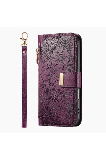 iPhone17 Pro Purple Short Strap Leather Zipper Crossbody Flip Wallet Card Slot Phone Case For iPhone