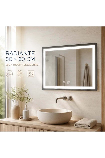 Oglinda LED Rectangulara, 80x60cm, RADIANTE Touch, Sistem Dezaburire, Dimabila