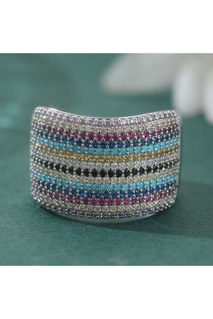 9 Silver Plated B572 Elegant Vintage-Inspired Multicolor Synthetic Zirconia Wide Band Ring Women Men