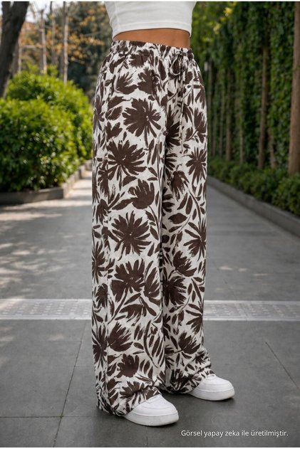 Women's Floral Patterned High Waist Summer Fabric Elastic Waist Trousers