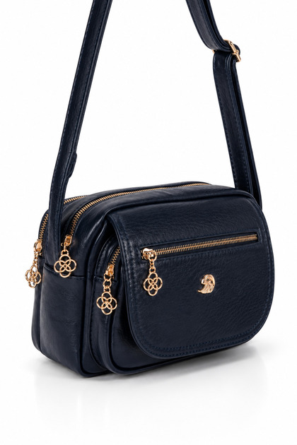 Women's Dark Navy Blue 4-Compartment Soft Leather Covered Gold Color Clover Zipper Crossbody and Shoulder Bag