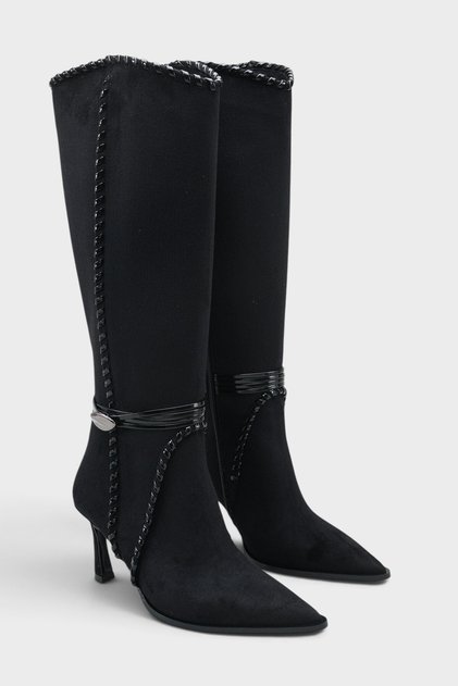 Women's Pointed Toe Stitched and Buckle Detailed Heeled Boots Belora Black Suede