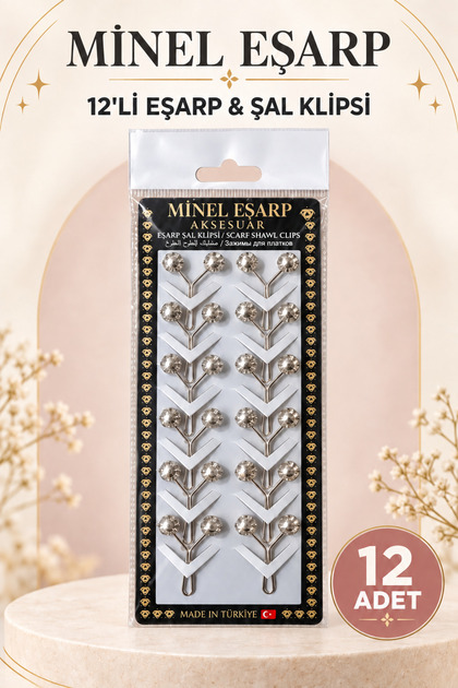 Minelesarp Aksesuar Eşarp Şal Klipsi – 12’li Set siyah, beyaz ,gümüş renk