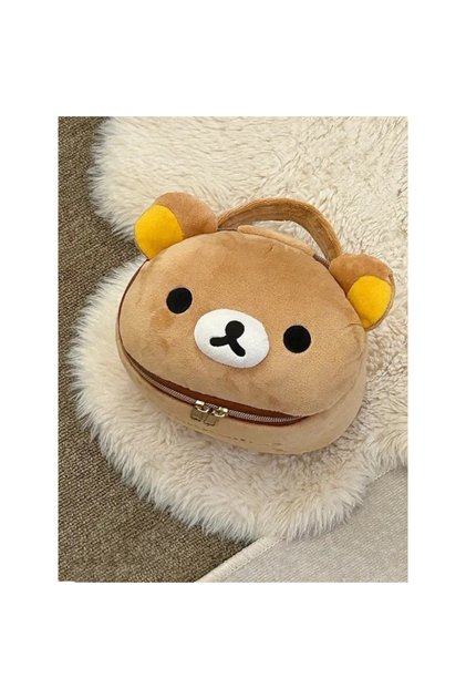 B New Cute Rilakkuma Bear Girl Plush Elliptical Stereoscopic Makeup Bag Portable Storage Bag Cute Ca