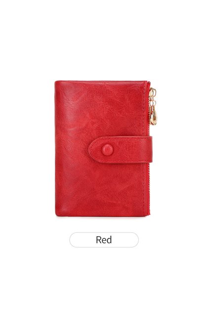 QB347-Red Minimalist Women's Wallet Short Three Layer Large Capacity Double Zipper Card Holder ID Ca