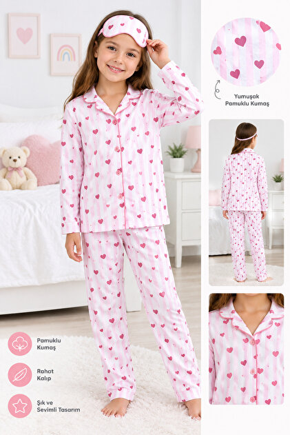 Girl's Pink and White Colored Heart Patterned Pajama Set with Sleeping Cap.