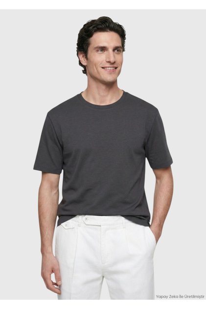 Antrasit Düz Pamuk Karışımlı T-Shirt