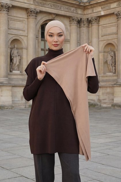 Combed Cotton Boneli Ready-To-Wear Combed Cotton Hooded Shawl Two-Piece Set, Ps-57, Milk Coffee