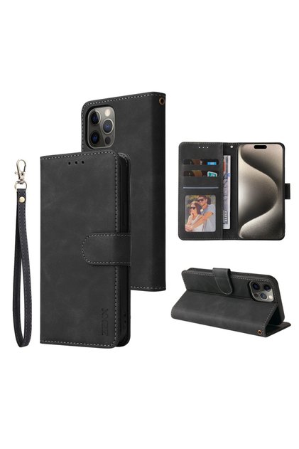 iPhone SE 2022(2020) Case & Strap Black ZZXX Wallet Card Slot Holder Magnetic Flip Leather Case For