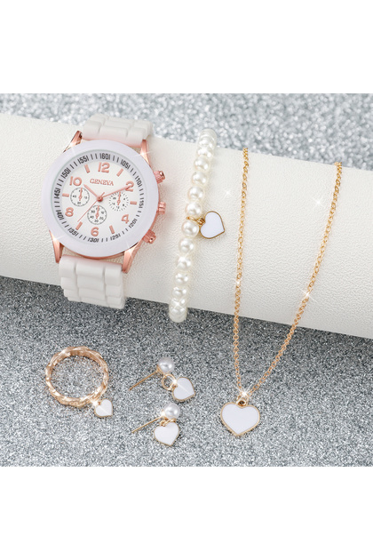 HH10086 3/6PCS Women's Watches Casual Silicone Band Analog Quartz Watch Heart Pearls Jewelry Set(Wit