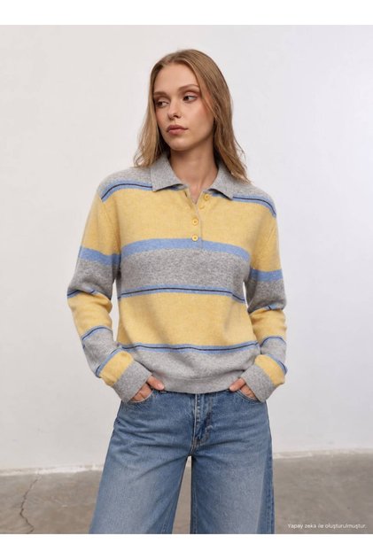 Polo Collar Striped Knit Sweater