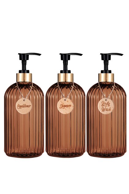 500ml-16.9oz 3pcs amber 3PCS Amber Stripped Soap Dispenser Bottle Ideal for Shampoo Conditioner Body