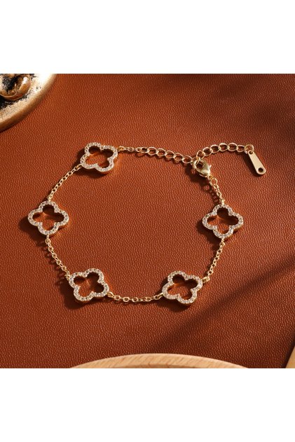 Gold Color C Elegant Female Stainless Steel Bracelet With Zircon Four-Leaf Clover Design Hollow Det