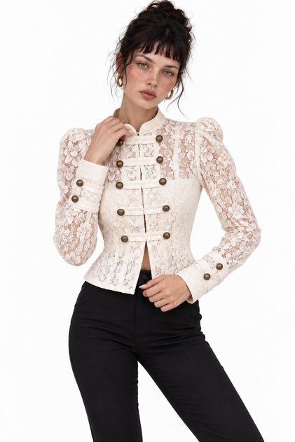 Kadın Ekru Dantel Ceket Dik Yaka Gold Düğme Detaylı Kısa Blazer Ceket
