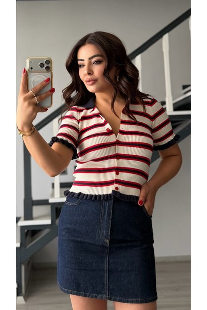 Cream-Navy Blue-Red Striped Ruffled Short Sleeve Cardigan