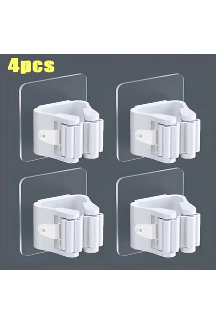 4pcs-White Mop Holder Self-adhesive Broom Stand Wall Mounted Mop Support Sweeping Brush Hook Storage