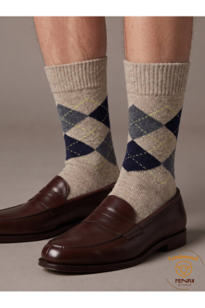 Men's Winter Thermal Wool Warm Lambswool Beige Blue Checked Socks