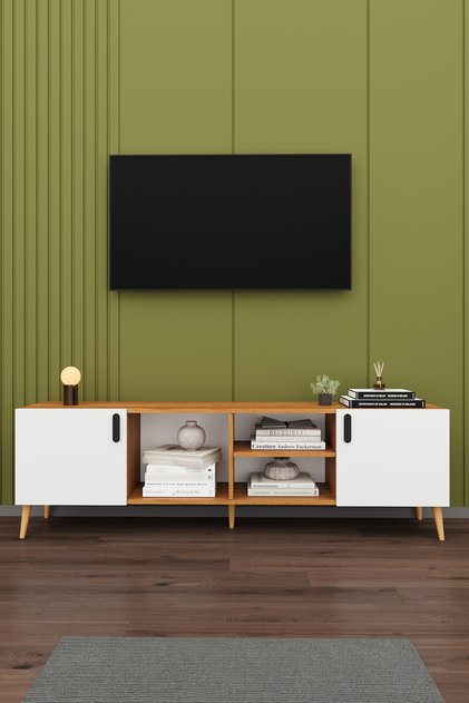 Modern TV Ünitesi %100 MDF Kapaklı Ahşap Ayaklı Televizyon Sehpası T-11