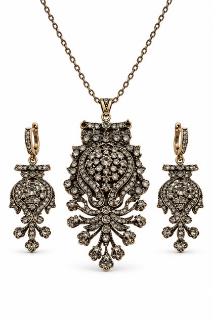 Vintage Osmanlı Motifli Zirkon Taşlı Gold Renk Kadın Takı Seti