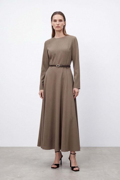 Kadın Kemerli Maxi Elbise - 26S-12695ELB Vizon