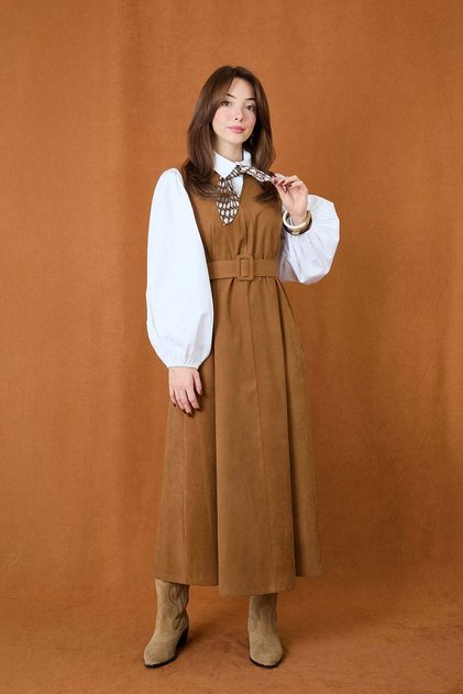 Women's Belt Detailed V-Neck Suede Dress - 32406Elb Camel Hair