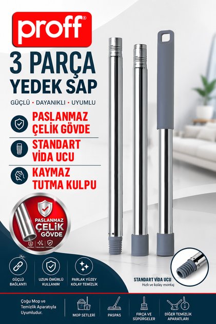 3 Parça Paslanmaz Çelik Yedek Sap 110 cm - Mop, Fırça, Çekçek ve Paspas Uyumlu Standart Vida Başlıklı