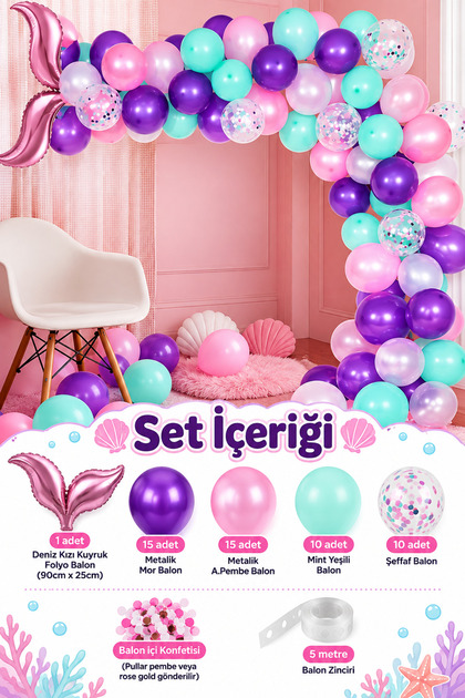 Mermaid Themed "pink" Tail Foil And 50 Balloons + 5mt Balloon Chain Concept Birthday Party Set