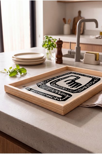 Black and White Ethnic Pattern - Rectangular Coffee Presentation, Engagement, and Serving Tray with Natural Wood Frame