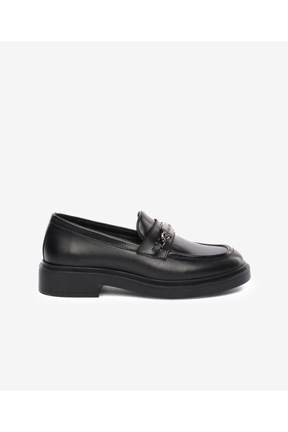 Women's Black Genuine Leather Loafer Shoes 5K2Ca35310