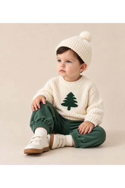 Triko Kazak Çam ve Geyik Nakışlı Kaşkorse Pantolon Triko Ponponlu Şapka Oversize Model 3lü Unisex Takım