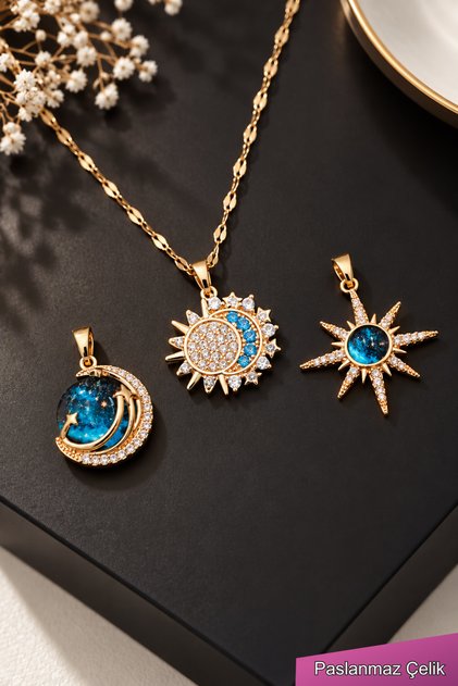 Gold Stainless Steel Necklace Set with Interchangeable Pendant – 3-Piece Women's Necklace