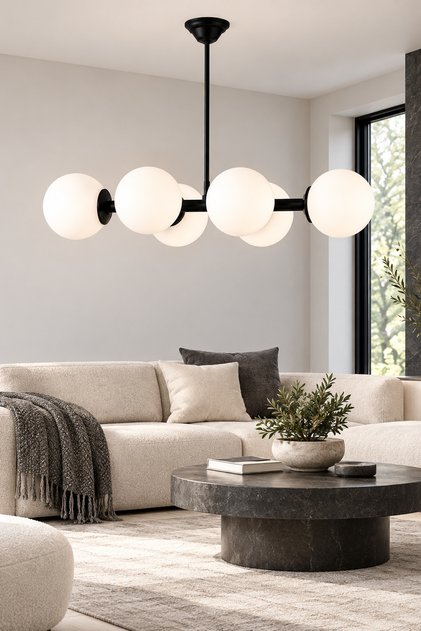 Luxury Modern Tasarım Siyah 6'li Beyaz Glop Camlı Avize