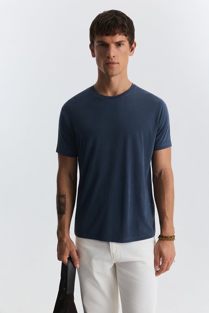 Navy Blue Regular Fit Modal Technical Fabric Men's T-Shirt