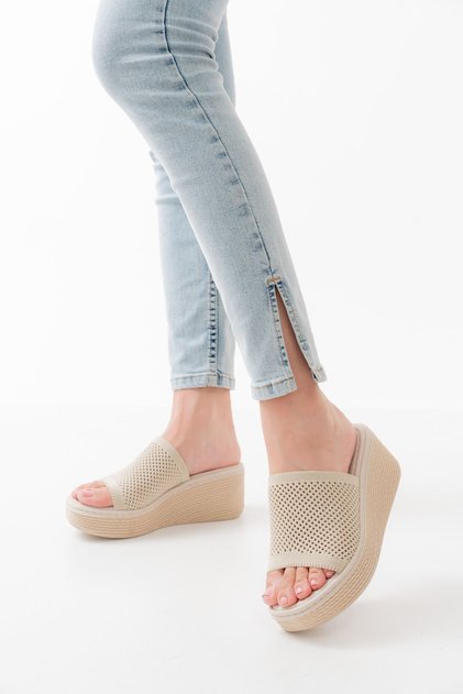 Zri̇n-460 Premium Beige Knitwear Daily Orthopedic Wedge Heel Women's Slippers