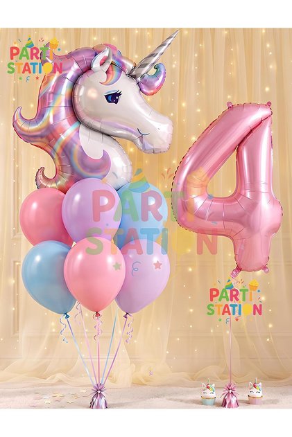 4 Yaş Unicorn Doğum Günü Balon Seti | Unicorn Folyo Balon + Rakam Balon + Renkli Balon Süsleme