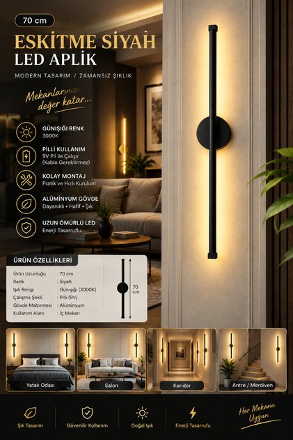 70 cm Modern LED Duvar Apliği Premium Dekoratif Iç Mekan Aydınlatma Gün Işığı (Pil Hediyelidir)