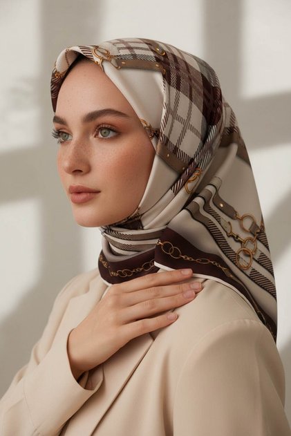 Twill Ekoseli Ve Zincir Desenli Gül Kurusu Renkli 90x90 Eşarp (İpek İçermez) Dikim Şekli : El Dikişi