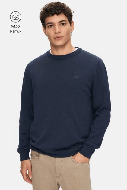 SENTO Lacivert Bisiklet Yaka Nakışlı Standard Fit Erkek Triko