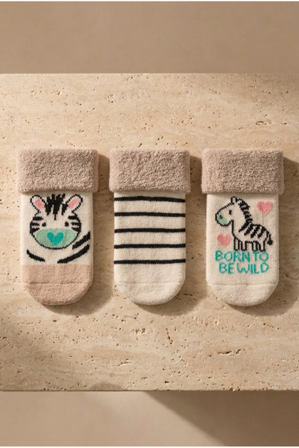 Bebek 3'lü Zebra Desenli Havlu Soket Çorap