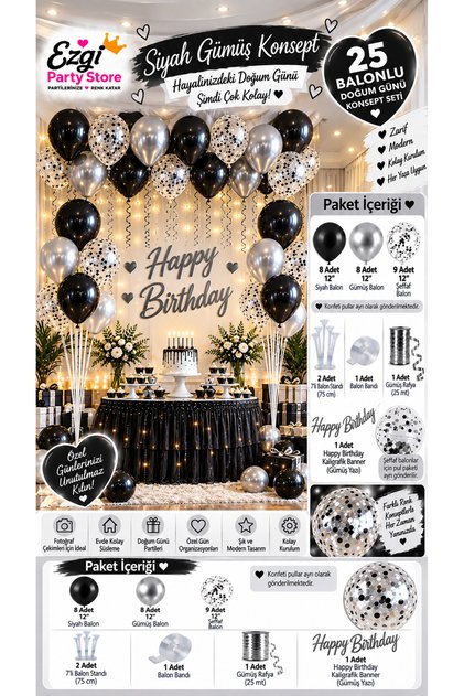 25 Balonlu Siyah Gümüş Doğum Günü Konsepti Kutlama Parti Seti 2 Adet 7'li Balon Standı Gümüş Happy Birthday Banner