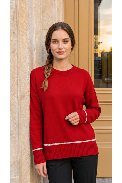 Women's Knitwear Soft Oversized Crew Neck Ribbed Hair Braid Detailed Homy Sweater Christmas Sweater