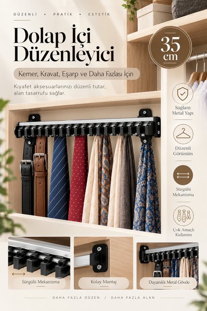 Organizator pentru dulap, cu centură glisantă de 35 cm, suport pentru cravate și eșarfe, organizator multifuncțional pentru garderobă