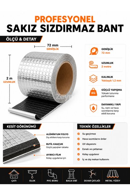 72 mm x 2 Metre Sakız Sızdırmaz Bant | Butil Alüminyum İzolasyon Bandı | Su, Nem ve Hava Sızıntı Tamir Bandı