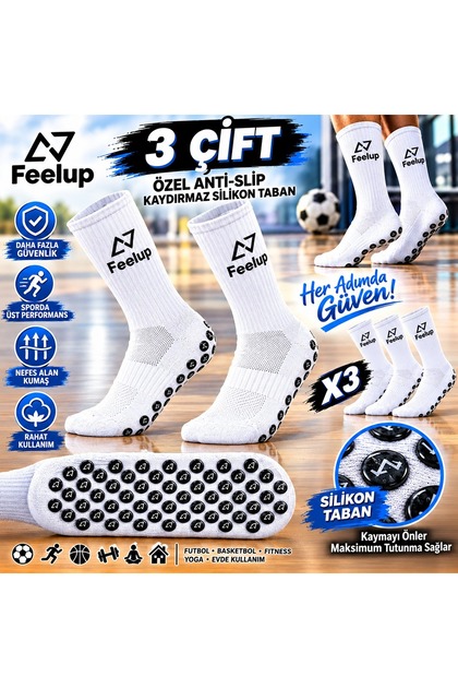 3 Çift Kaydırmaz Taban Futbol ve Halı Saha Çorabı Beyaz - Yoga, Pilates Uyumlu Dikişsiz