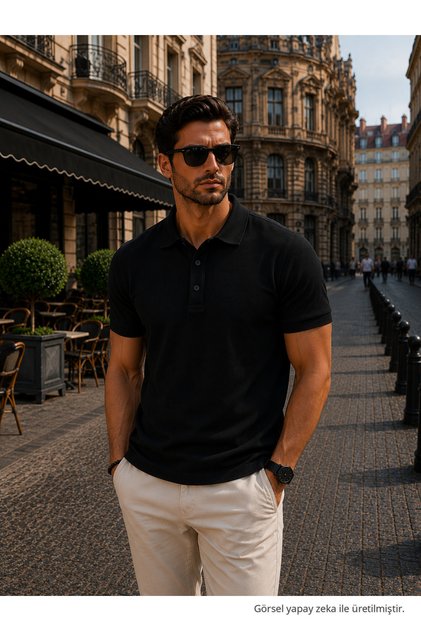 Erkek Trend Pamuklu Waffle Kumaş Siyah Polo Yaka Tişört