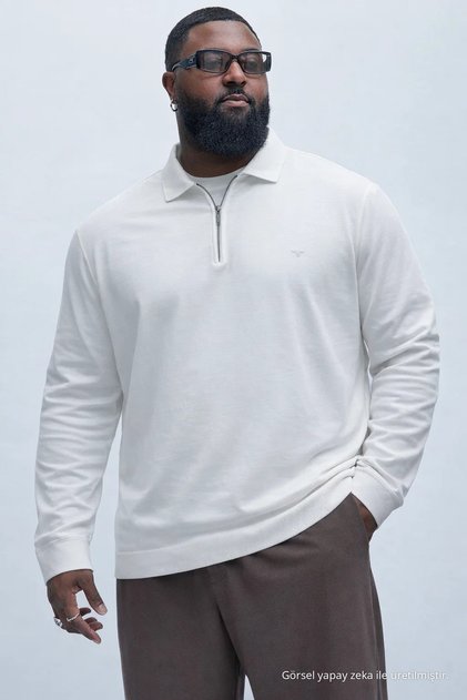 Erkek Mevsimlik Büyük Beden Beyaz Triko Sweatshirt