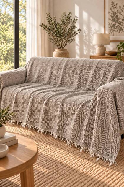 Krem Pamuklu Koltuk Örtüsü | Armürlü Saçaklı Yıkanabilir Ütülenebilir Koltuk Şalı | 170x210 cm