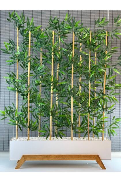 Ahşap 1mt Saksılı 10gövde 180cm Yapay Yapraklı Dekoratif Bambu Seperatör Modern Ayaklı Tasarım Saksı