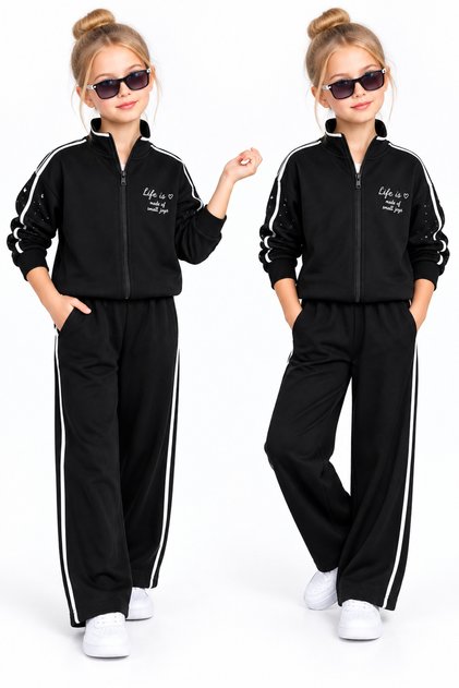 Girl's Black Striped Detail Zipper Tracksuit Set – Comfortable Fit Casual Sports Set 6483S